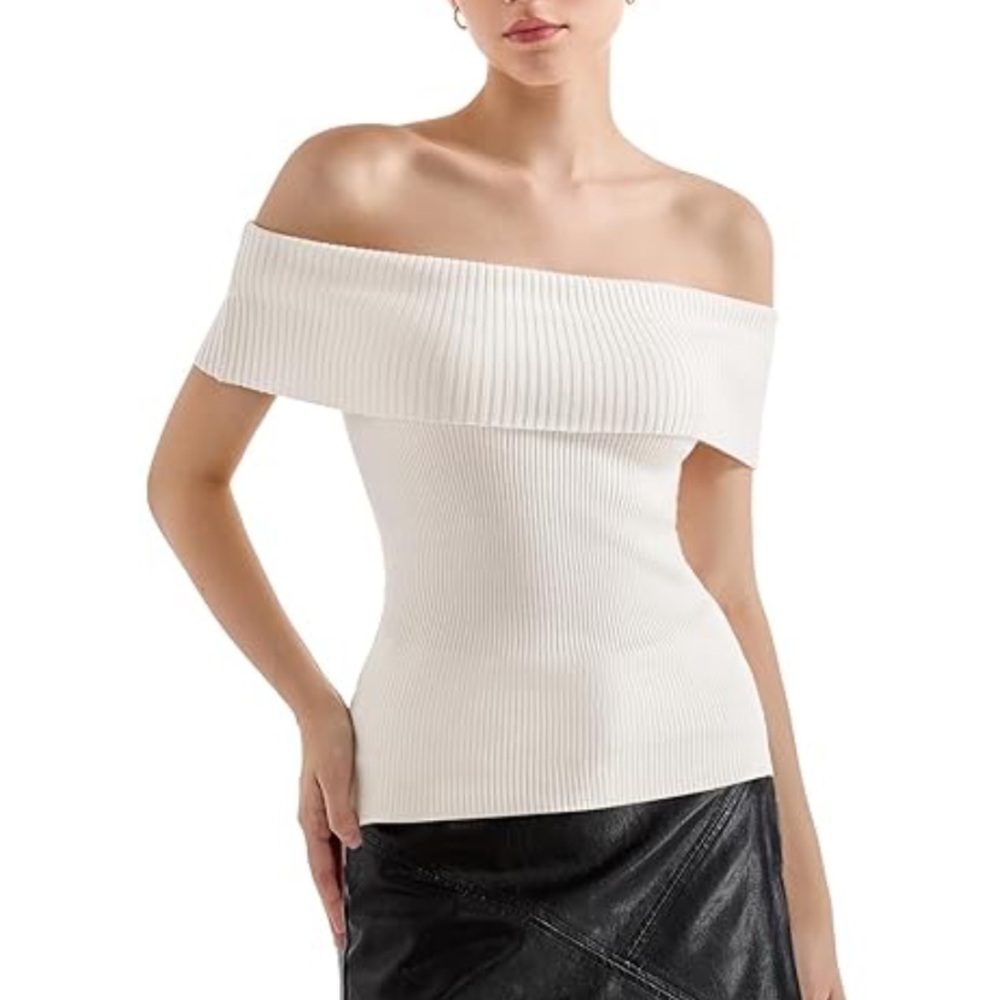 Maje Rib Knit Bardot-Neck Top In White Size 2